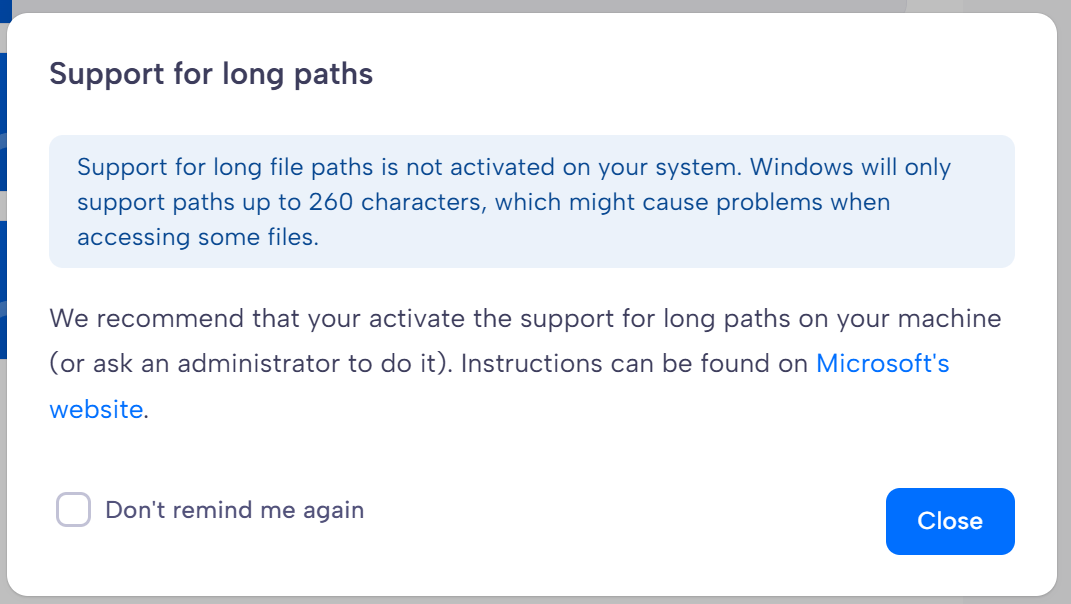 Modal shown when long path support is not enabled