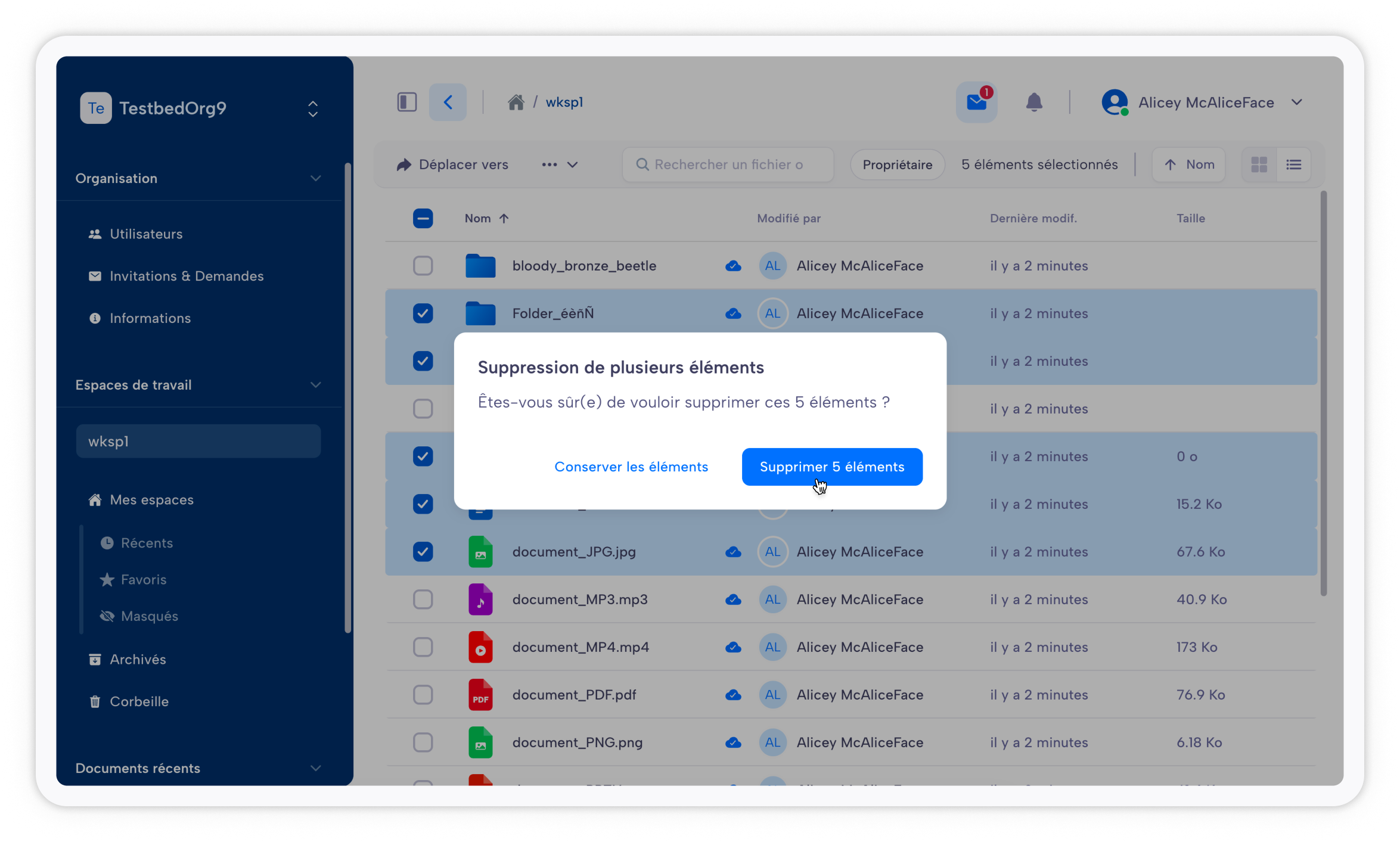 Capture d'écran de la suppression de fichiers