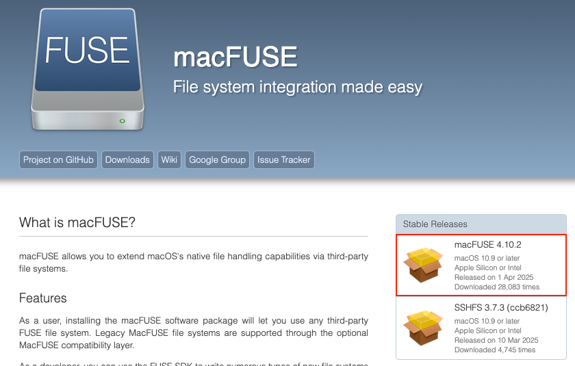 écran de téléchargement de macFUSE