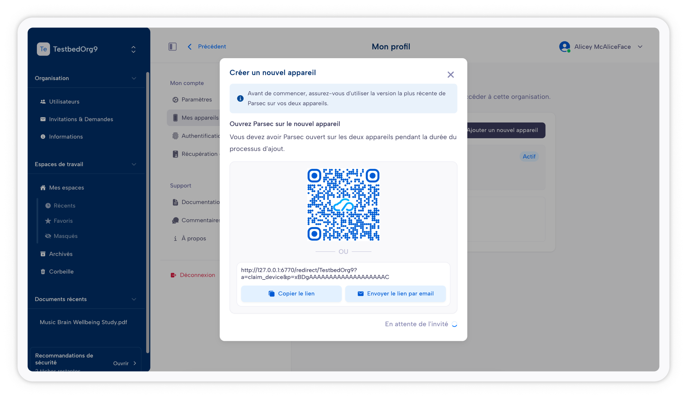 Lien d'invitation à l'appareil