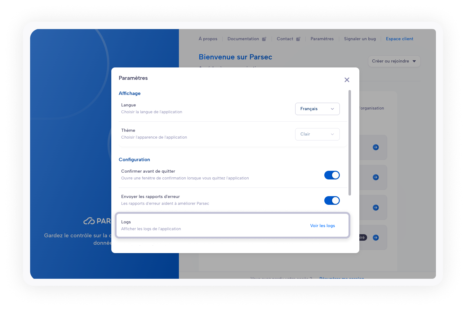 Fenêtre des paramètres mettant en évidence l'entrée *Logs* sans être connecté à une organisation