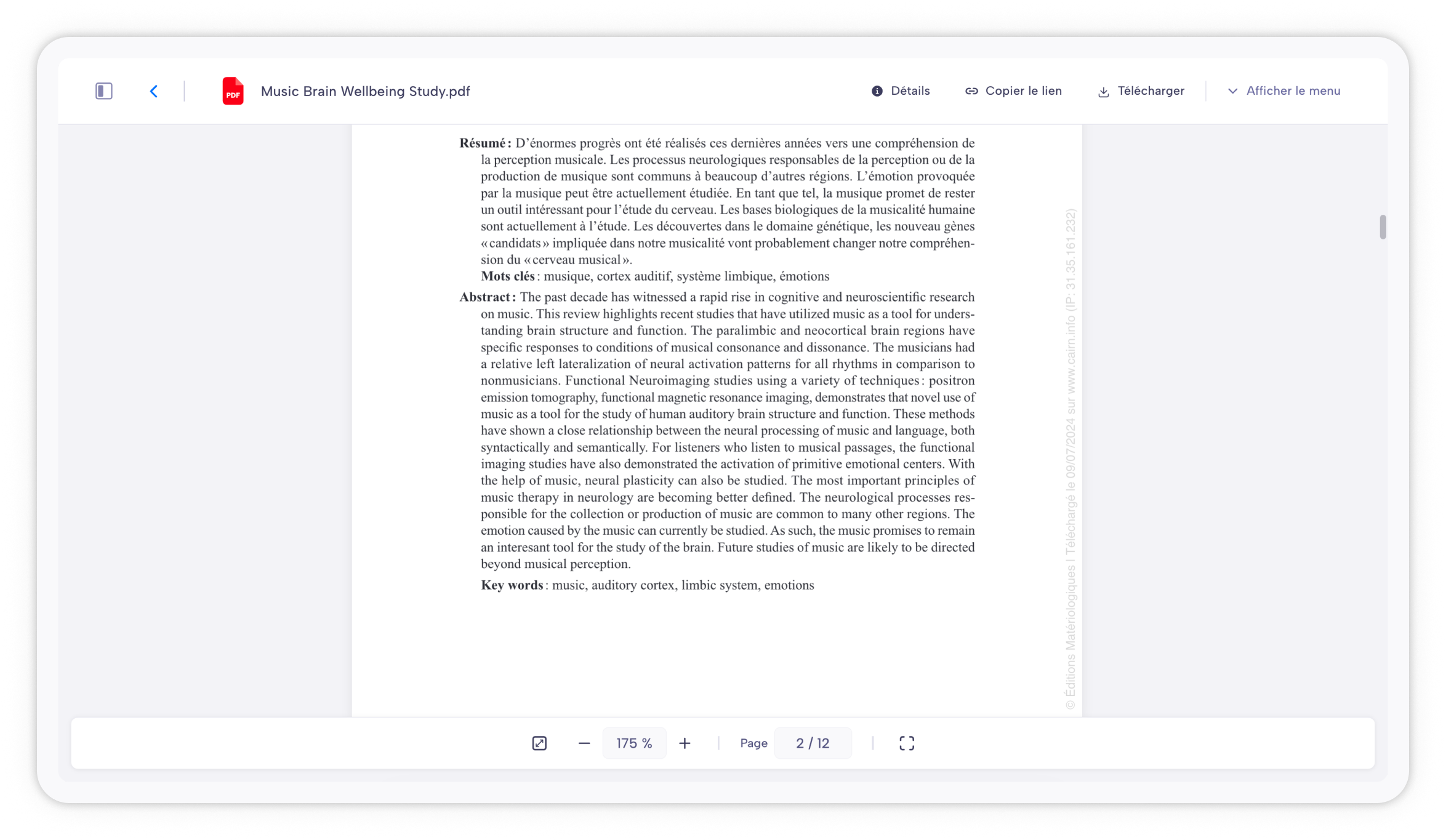 Capture d'écran de la visualisation de PDF